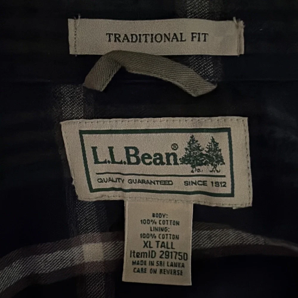 LL Bean Shirt Jacket Mens XL Tall Green Flannel Lined Traditional Fit Shacket